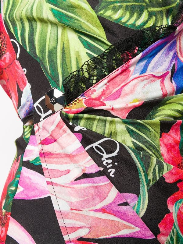 Philipp Plein Floral Print Mini Dress With Lace Trim And Spaghetti Straps