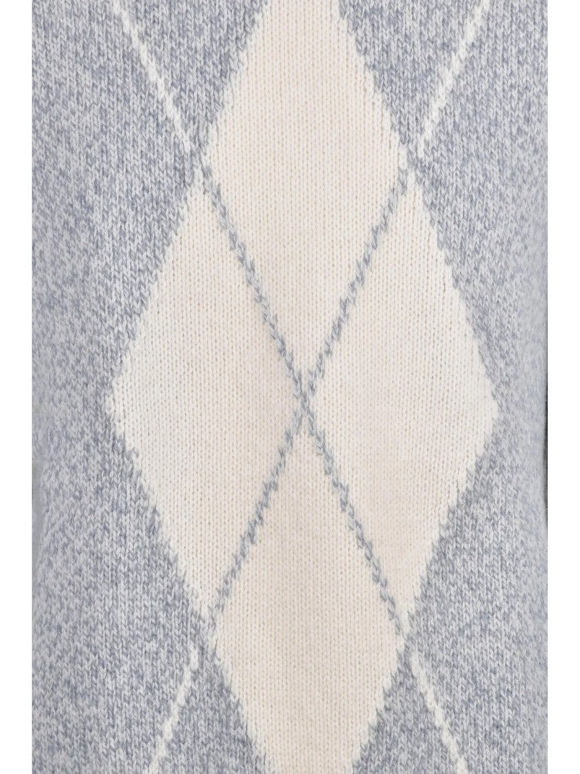 Eleventy High Neck Wool Sweater With Argyle Pattern And Ribbed Detailing