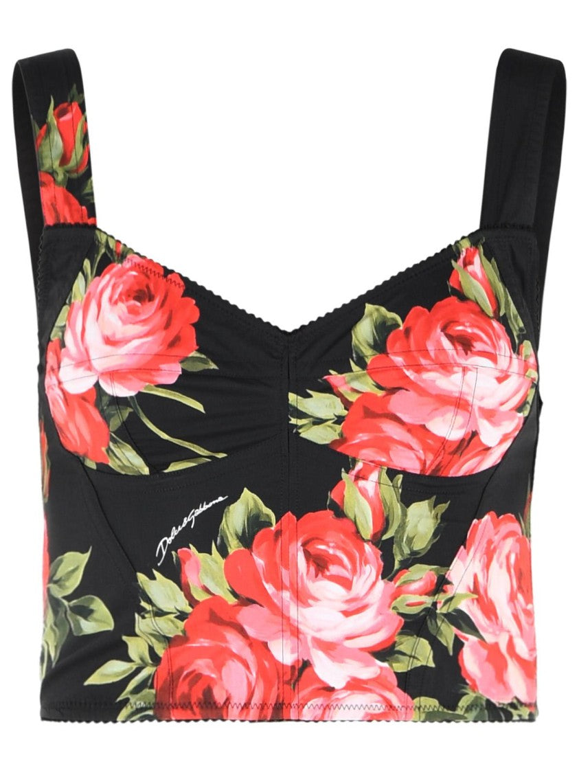 Dolce & Gabbana Black Bouquet Rose Cotton-Blend Corset