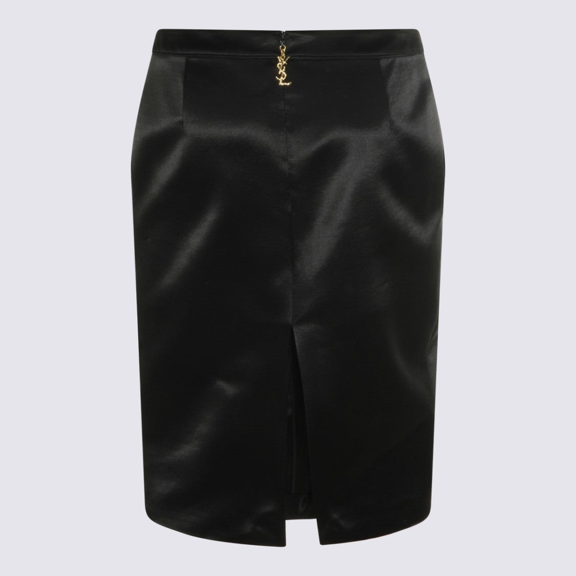 Saint Laurent Sleek Black Midi Skirt With Pleated Waistband And Signature Charm