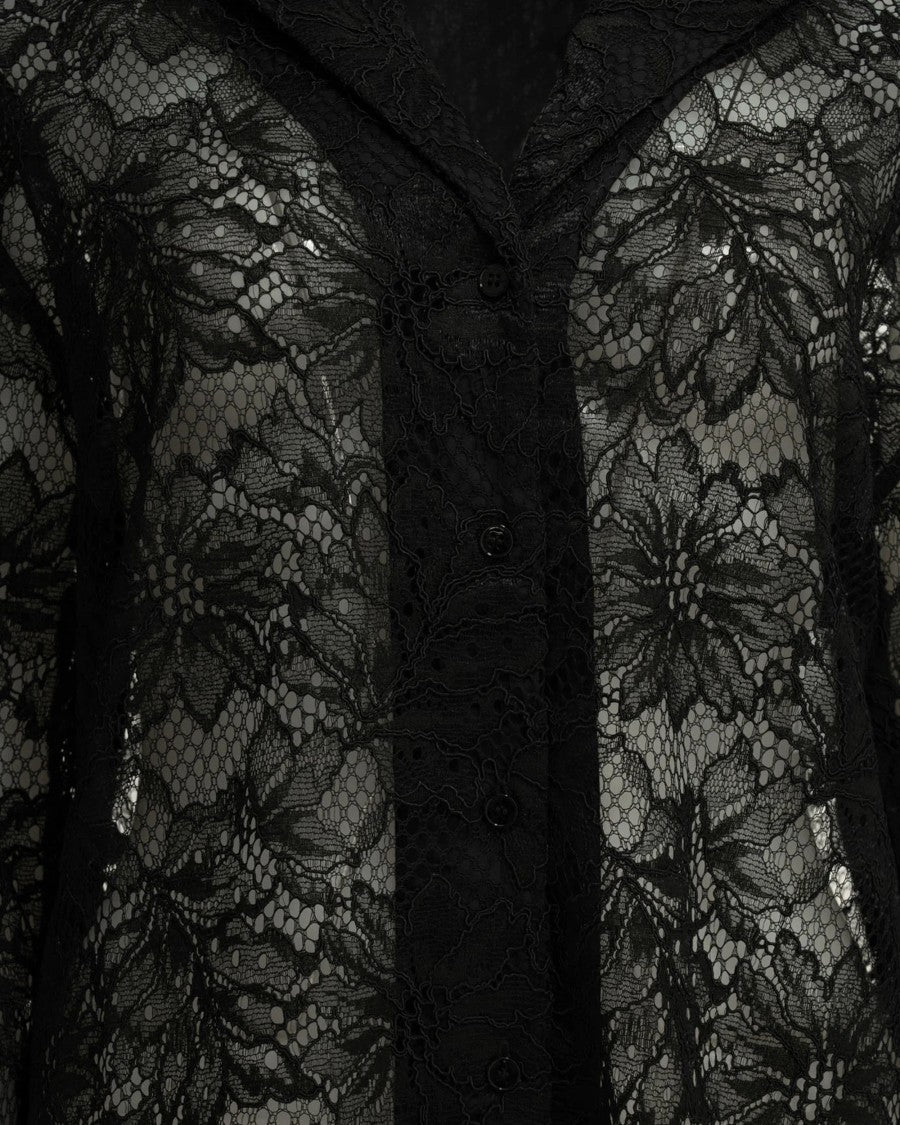 Sportmax Black Floral Lace Oversized Shirt With Notched Collar And Poplin Accents