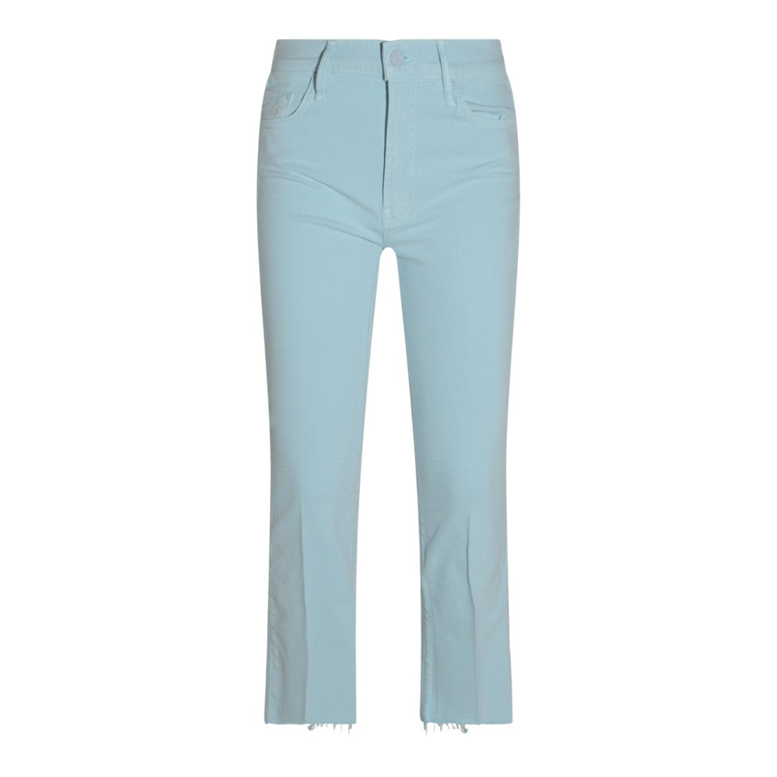 Mother Light Blue Flared Jeans With Raw Hem Detail