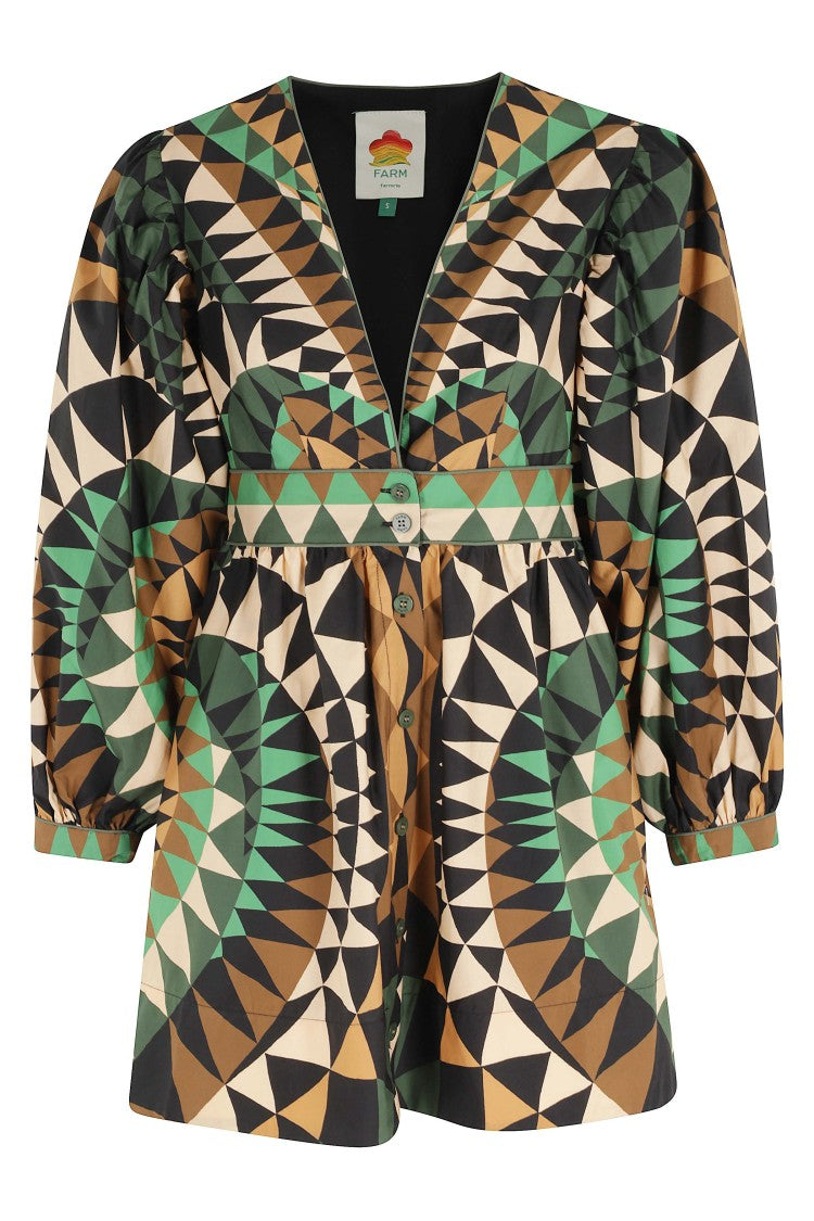 Farm Rio Green Heart Deco Deep V-Neck Viscose Mini Dress