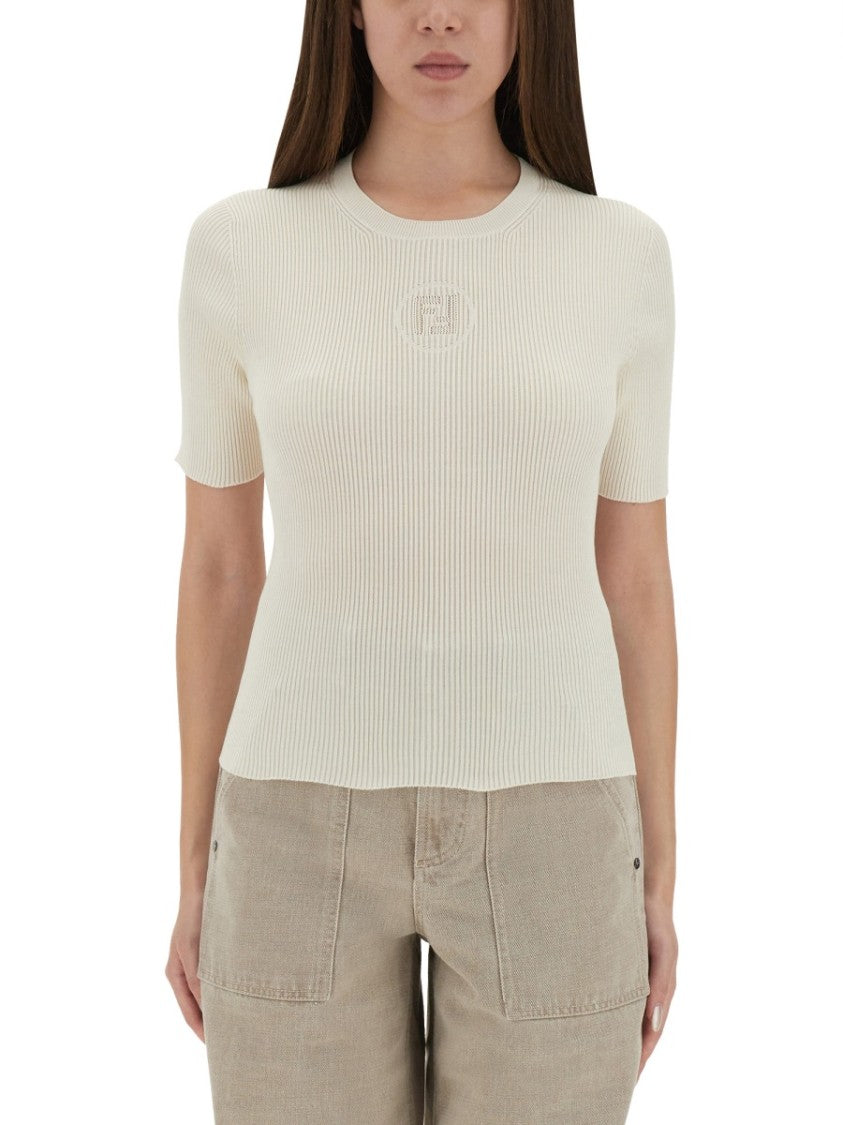Fendi Ribbed Cotton T-Shirt With Subtle Logo Detail