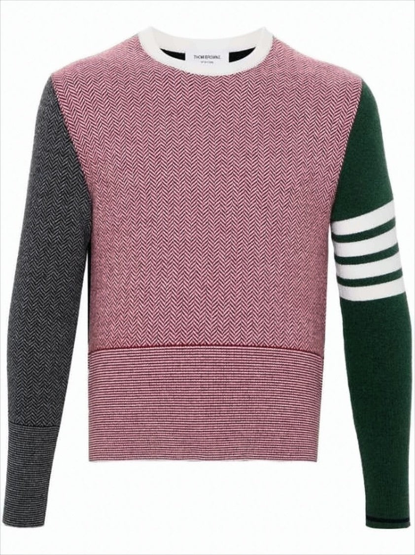 Thom Browne Herringbone Knit Sweater With Contrasting Sleeves