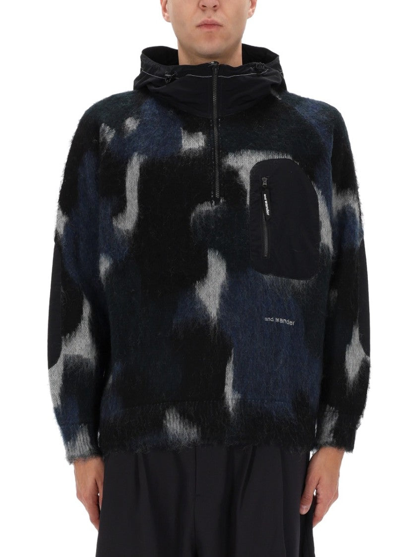 And Wander Camo Zipper Hooded Blend Half-Zip Sweater