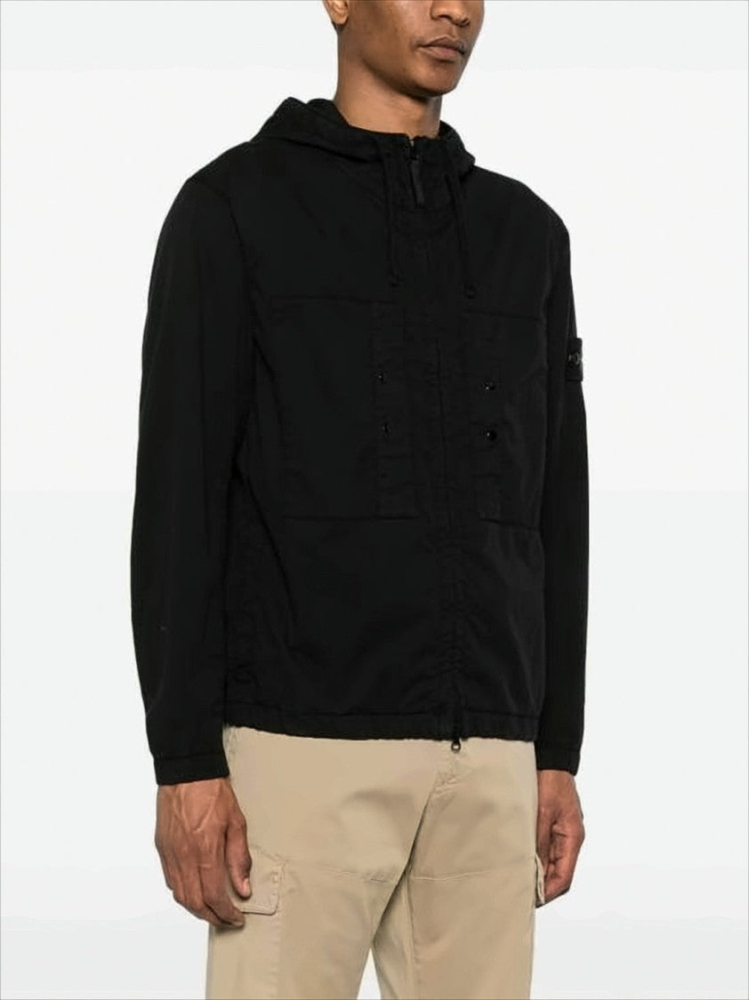 Stone Island Black Casual Jacket With Hood And Signature Patch