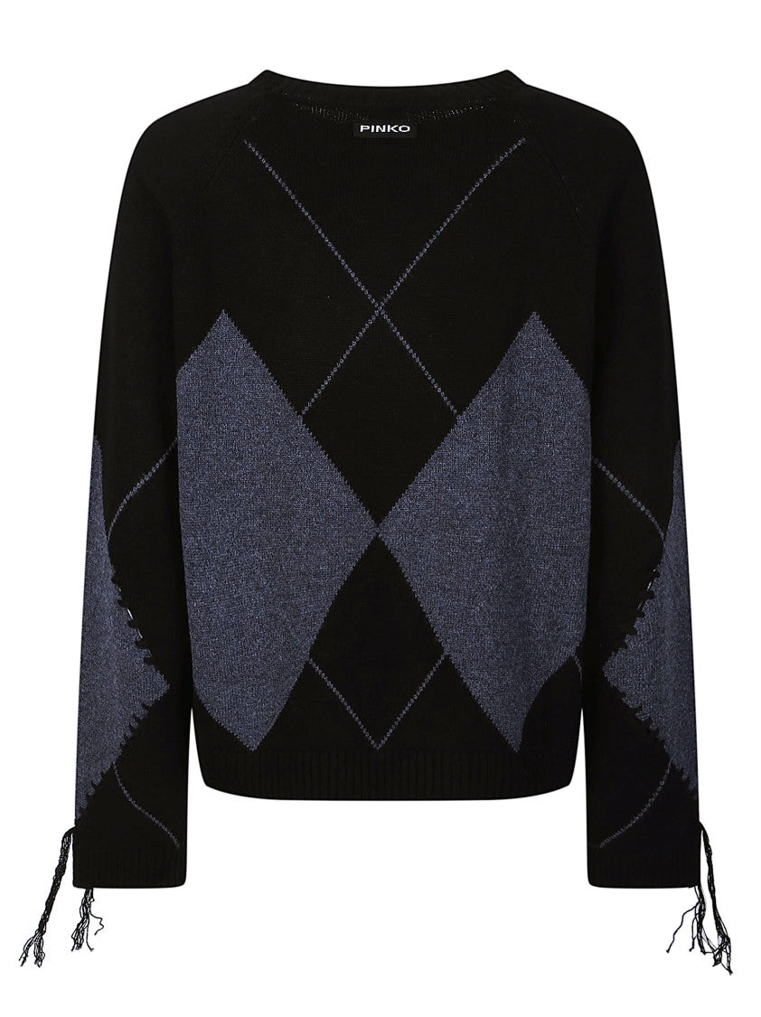 Pinko Berna Cropped Black Argyle Sweater