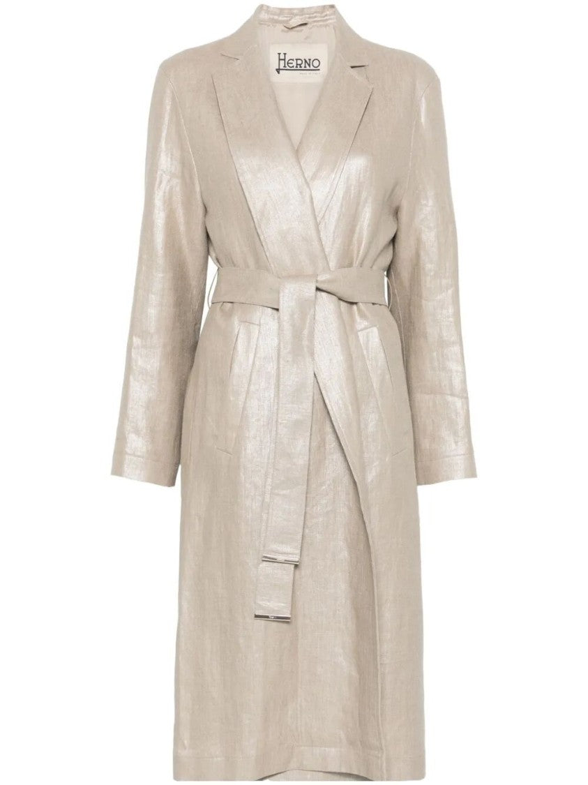 Herno Long Linen Coat With Belted Waist