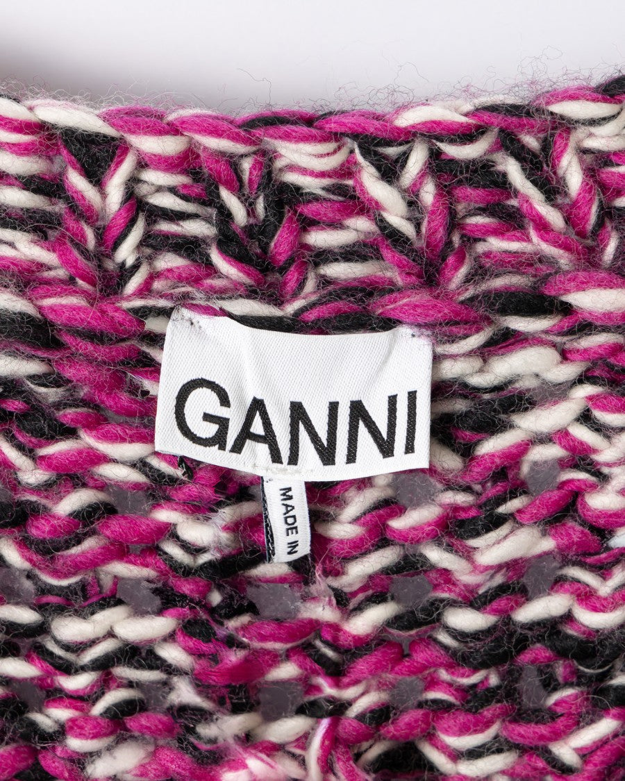 Ganni Graphic Purple Fringe Wool Handknit Cardigan