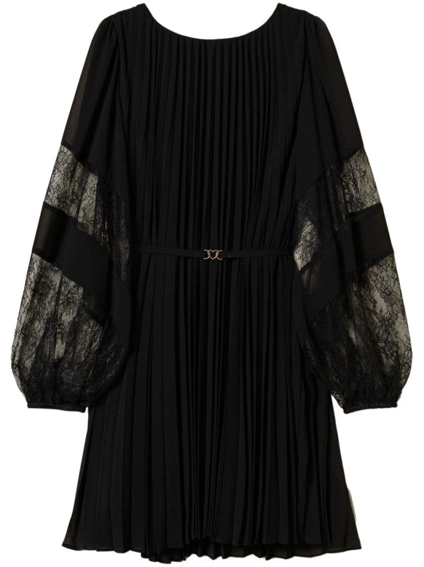 Twin-Set Pleated Dress With Sheer Lace Sleeves