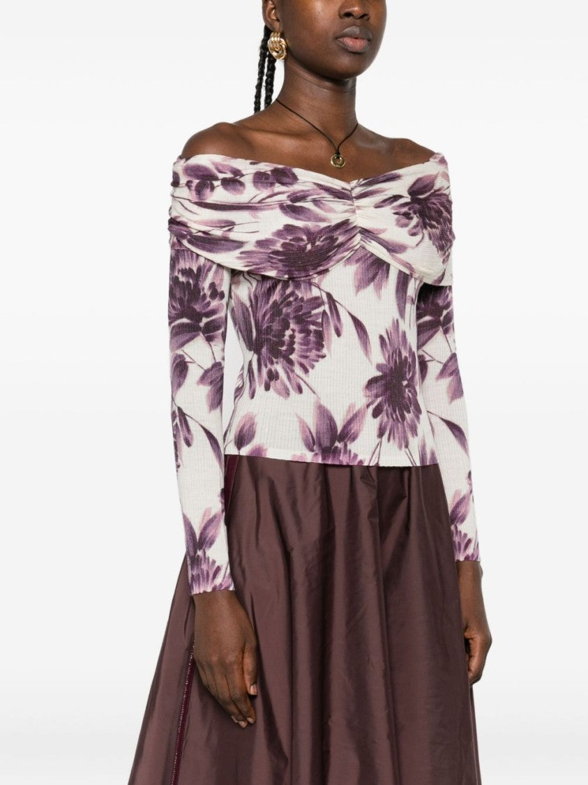 Twin-Set Floral Print Off-Shoulder Long-Sleeve Sweater