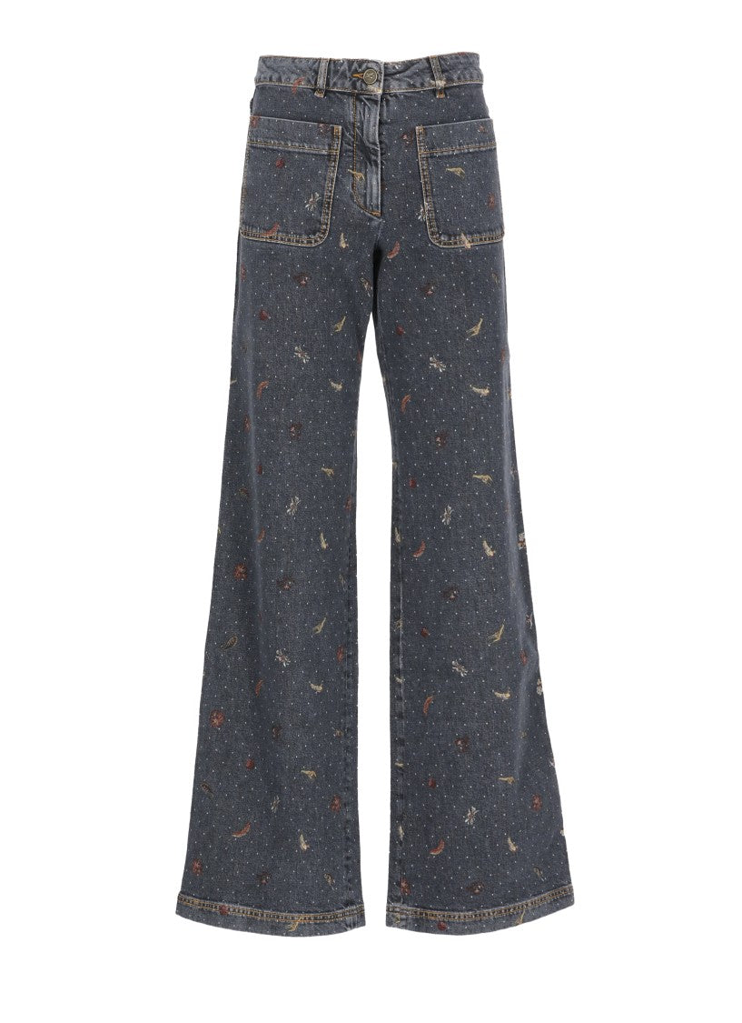 Etro Blue Wide-Leg Patterned Cotton Denim Jeans