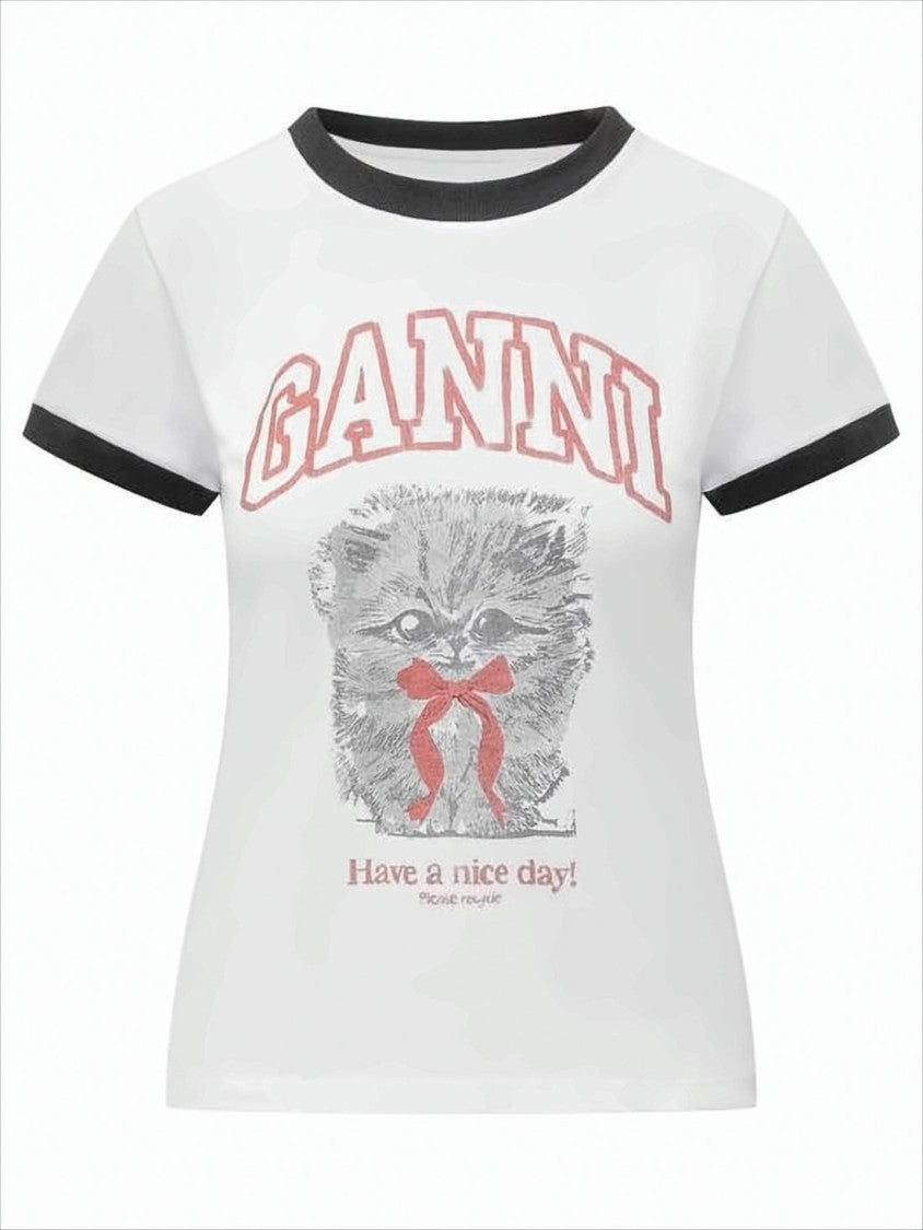 Ganni Short-Sleeved T-Shirt With Graphic Kitten Print