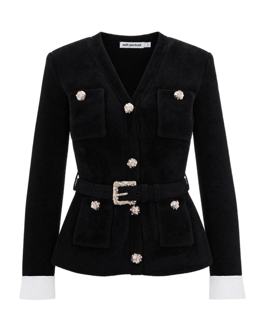 Self-Portrait Black Chenille Jewel Button Knit Cardigan