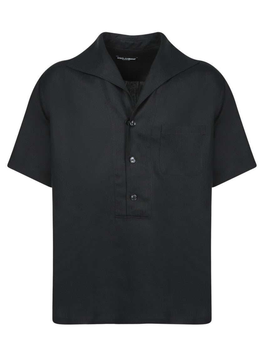 Dolce & Gabbana Short-Sleeve Black Linen Shirt With Pointed Collar