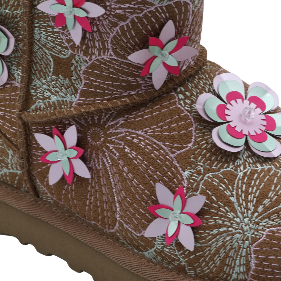 Ugg Textured Brown Ankle Boots With Floral Appliqués