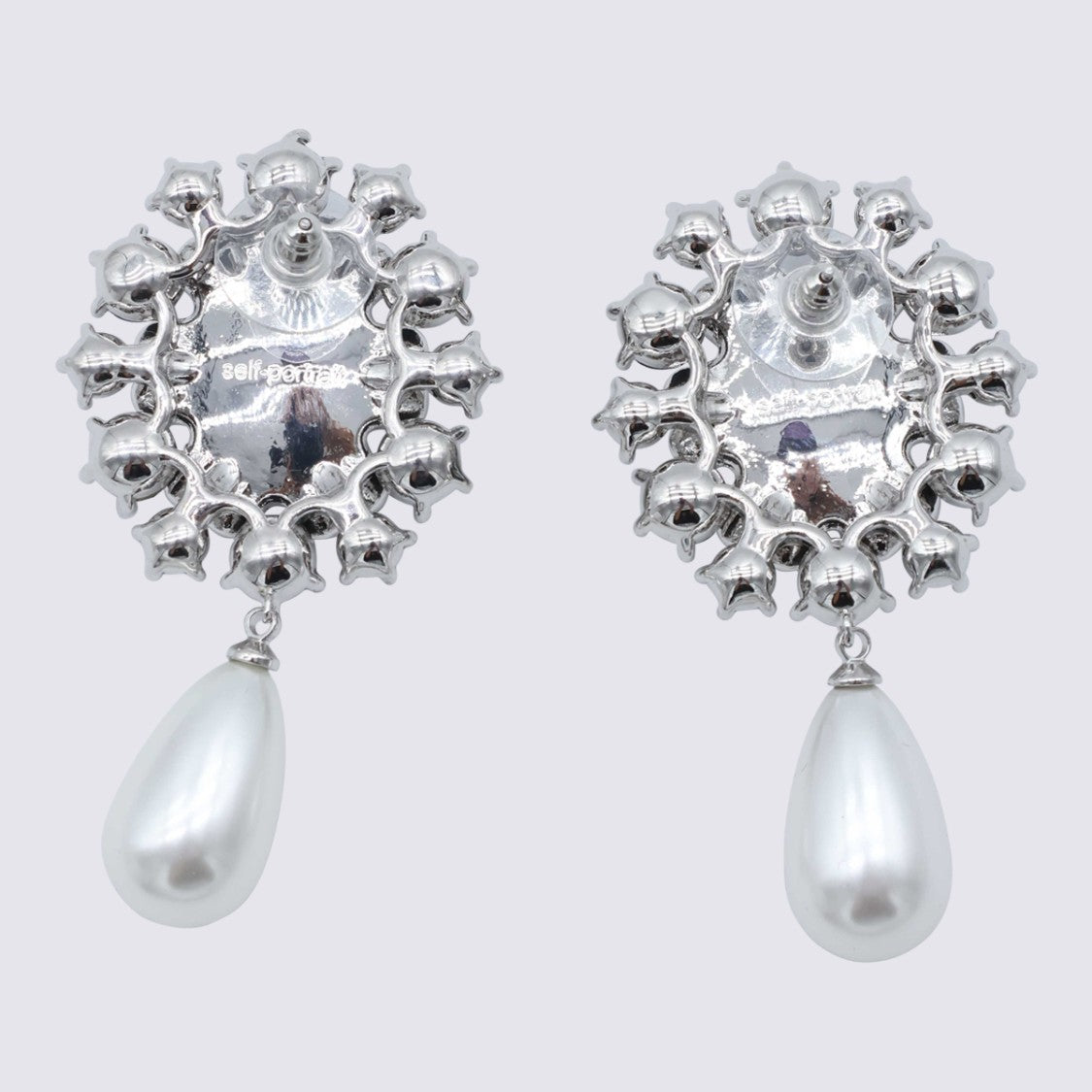 Self-Portrait Floral-Patterned Earrings With Deep Blue Gemstone And Pearl Accents