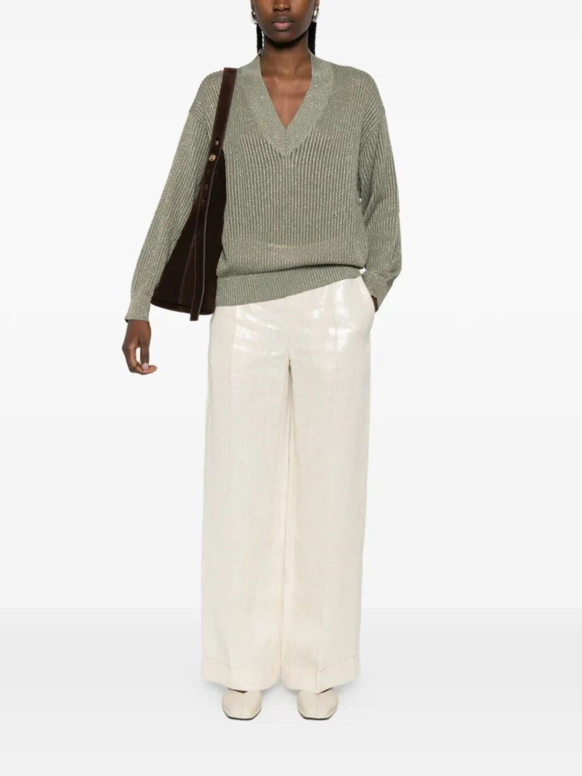 Brunello Cucinelli Green Ribbed Knit Cotton-Viscose Sweater
