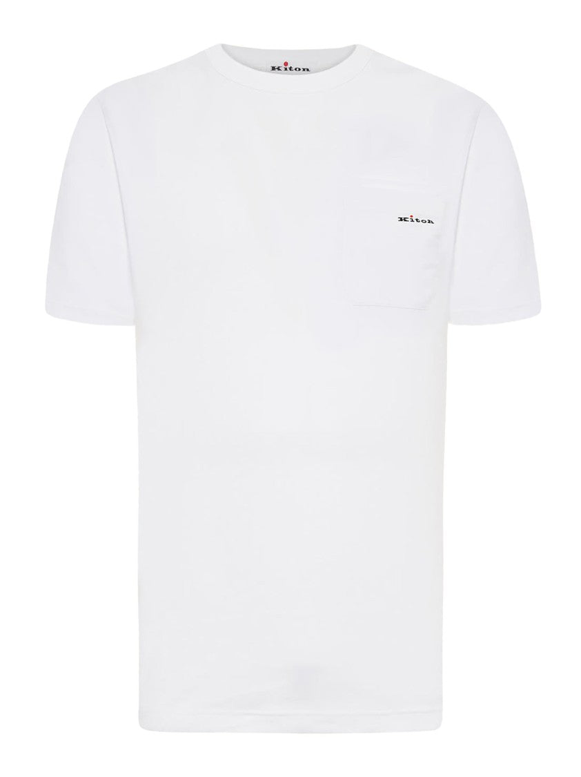 Kiton White Stretch Cotton Jersey T-Shirt With Chest Pocket