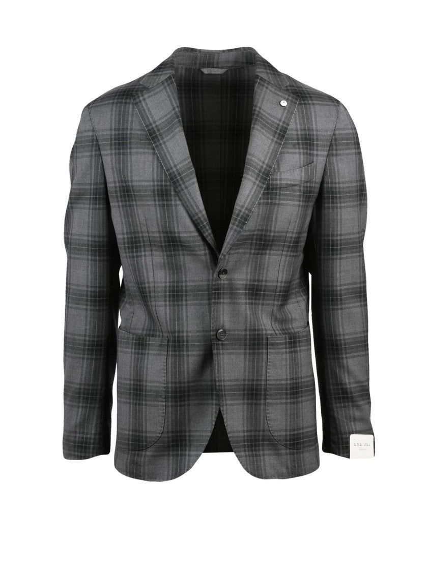 L.B.M. 1911 Grey Plaid Wool Blazer With Notch Lapels And Tailored Fit