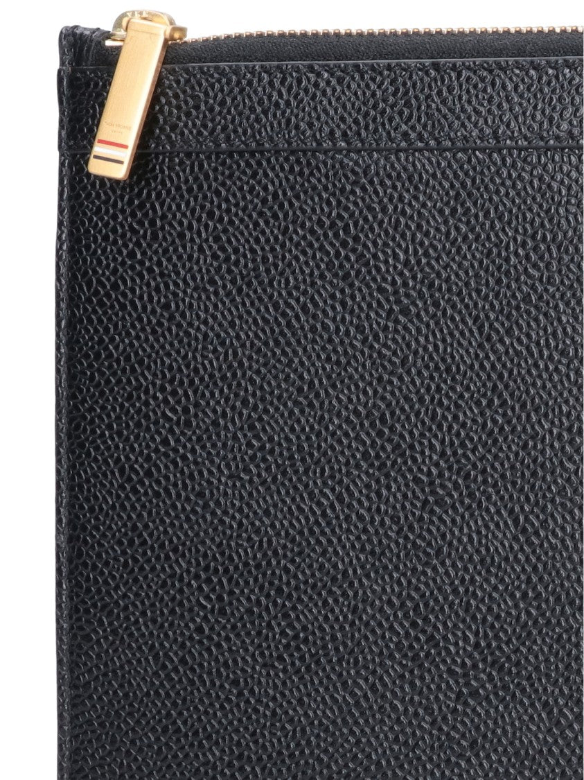 Thom Browne Rectangular Black Leather Pouch With Gold Zipper