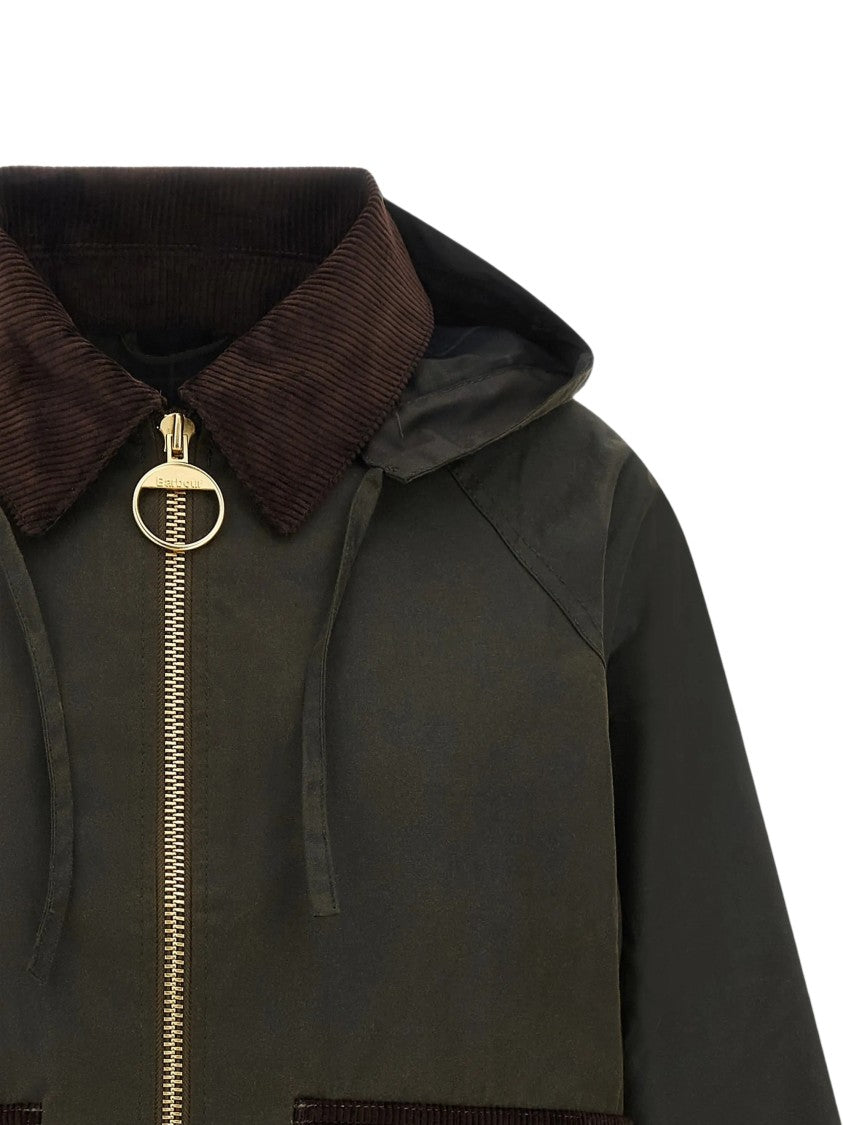 Barbour Carville Hooded Jacket In Dark Olive Green With Corduroy Accents