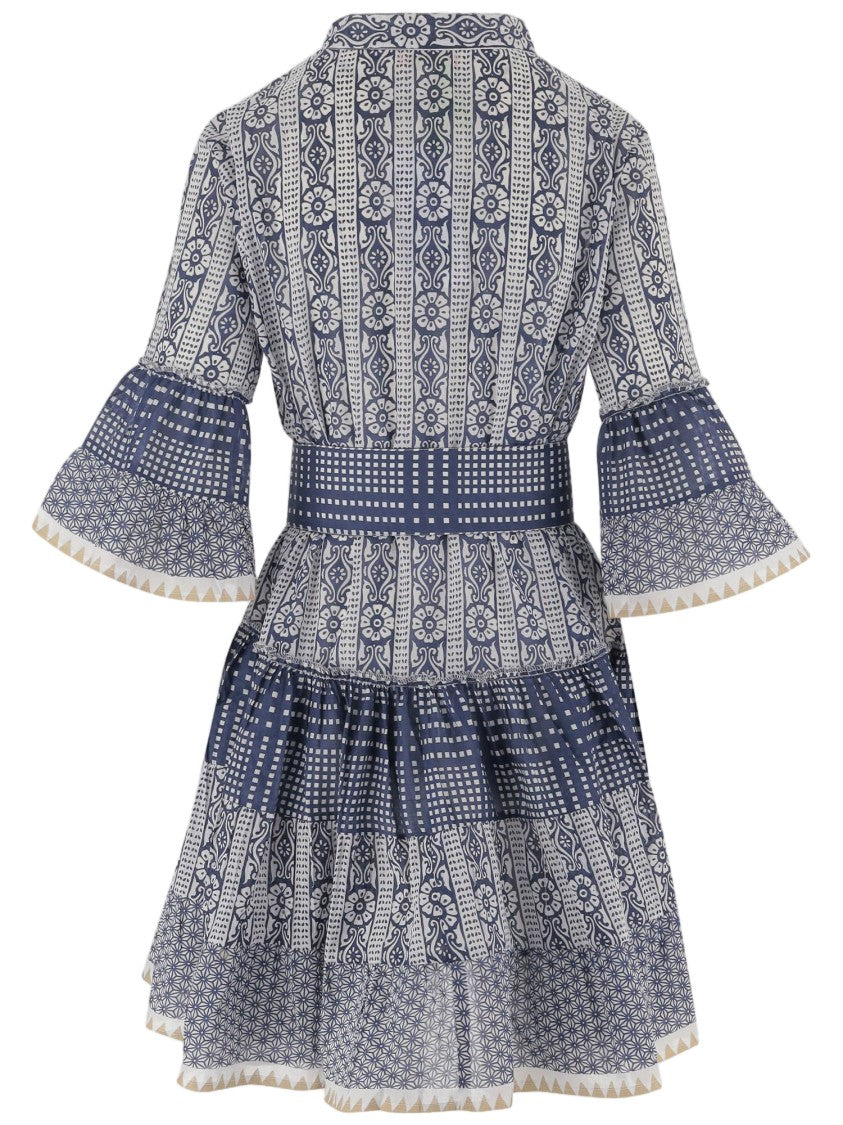 Pep's Cannes Short Cotton Dress With Geometric Pattern And Ruffled Skirt