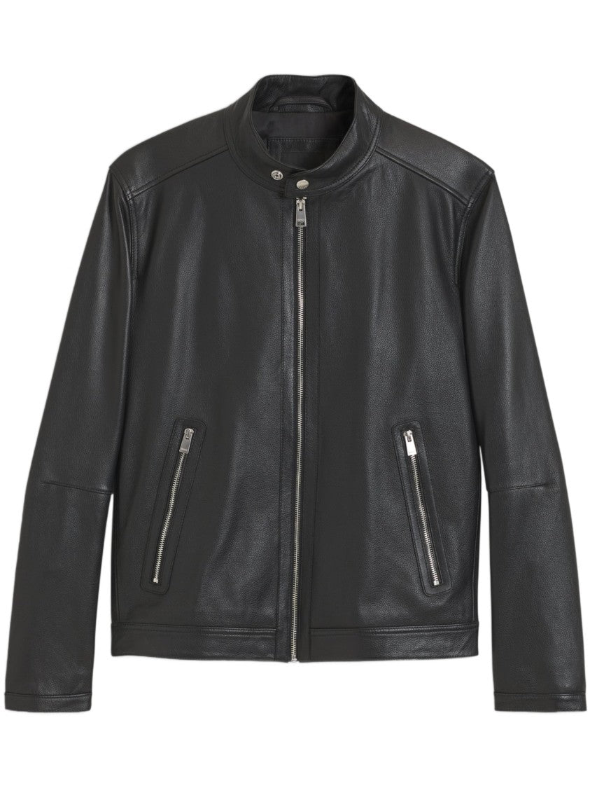 Hugo Boss Stand Collar Lambskin Leather Jacket - Black