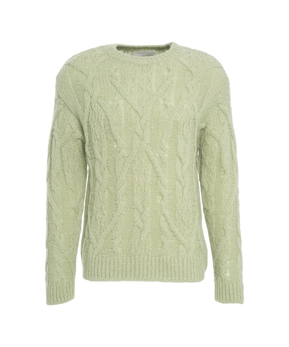Closed Green Cable Knit Sweater With Round Neckline And Ribbed Hems