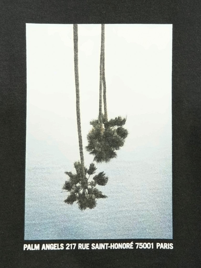 Palm Angels Cropped Black T-Shirt With Graphic Palm Trees