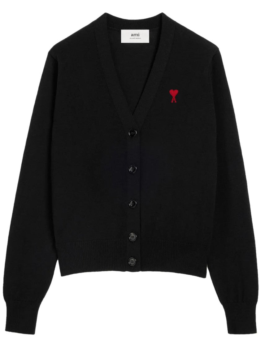 Ami V-Neck Button-Down Cardigan With Subtle Red Emblem