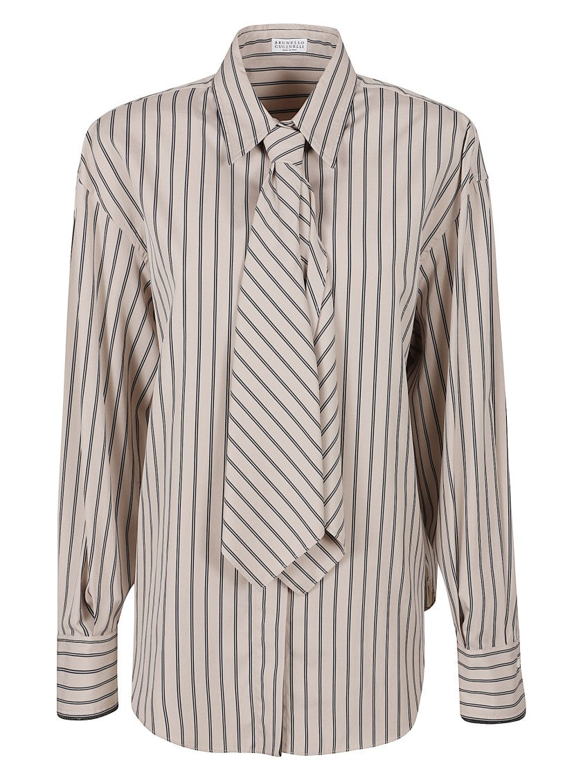 Brunello Cucinelli Beige Striped Shirt With Front Tie Detail And Buttoned Cuffs