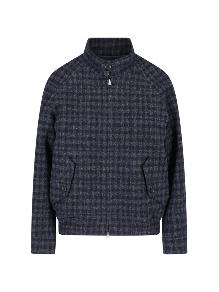 Dunst Blue/Grey Checkered Padded High-Collar Wool Jacket