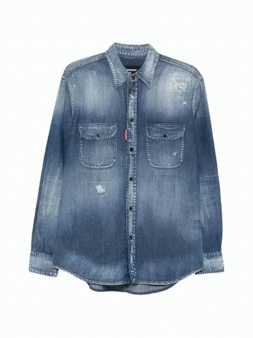 Dsquared2 Blue Long-Sleeve Distressed Wash Denim Shirt