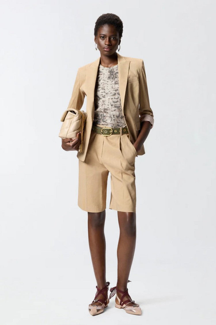 Pinko Beige Freda Single-Breasted Gold Button Linen-Blend Blazer