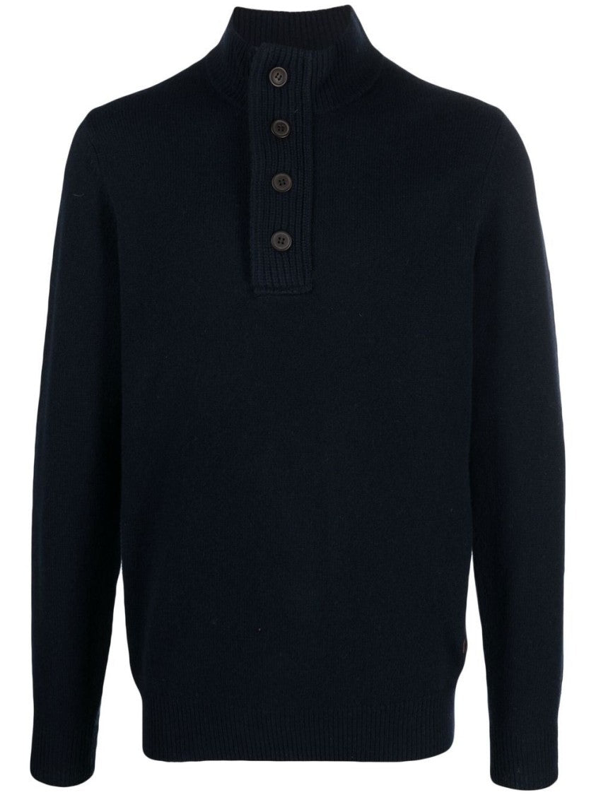 Barbour Navy Blue Wool Knit Sweater With Button Placket And Stand-Up Collar