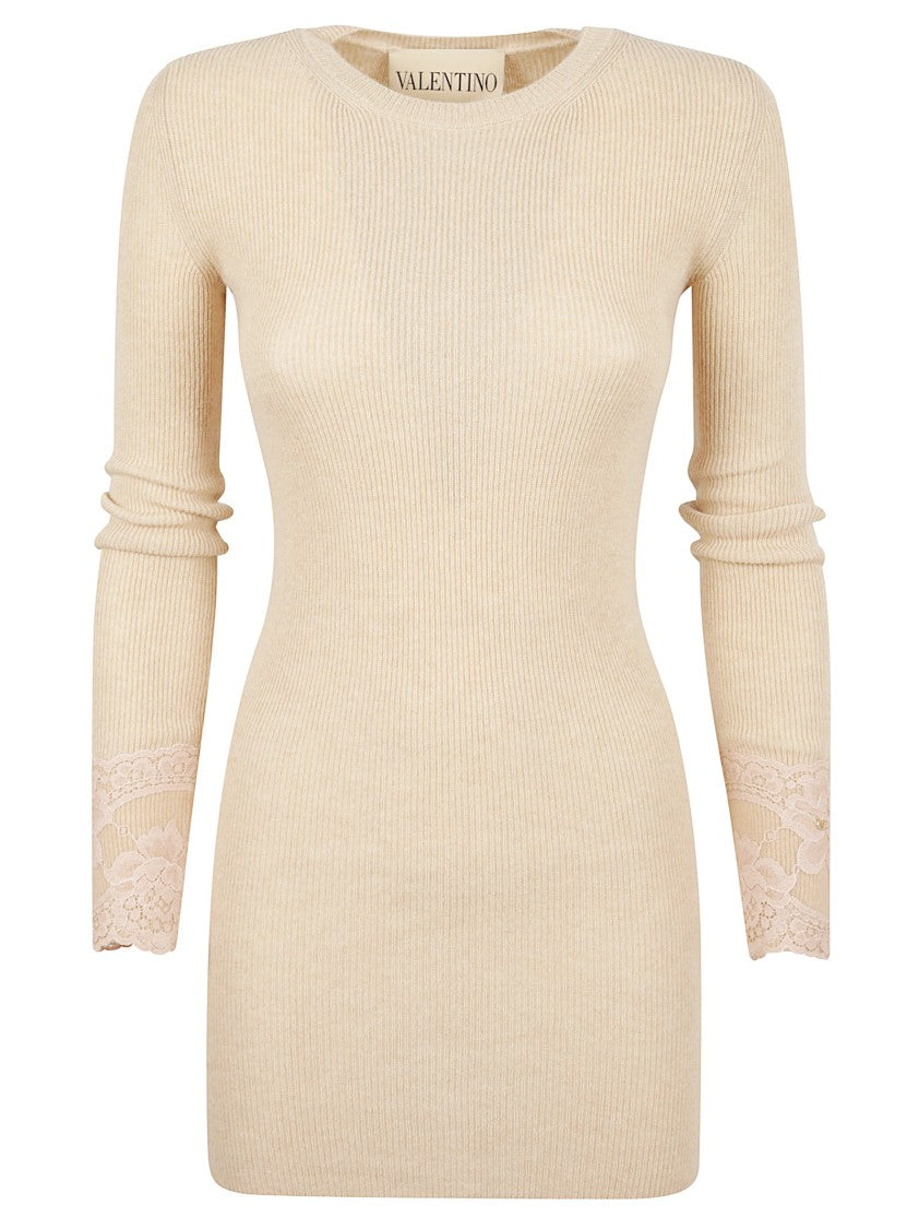 Valentino Garavani Ribbed Cashmere Sweater Dress With Lace Embroidery