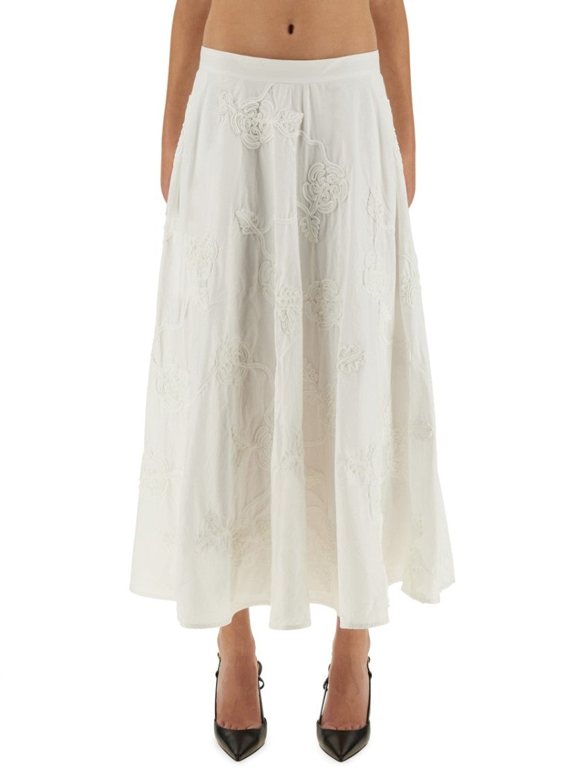 Rotate Birger Christensen Floral Embroidered A-Line Midi Skirt In Organic Cotton