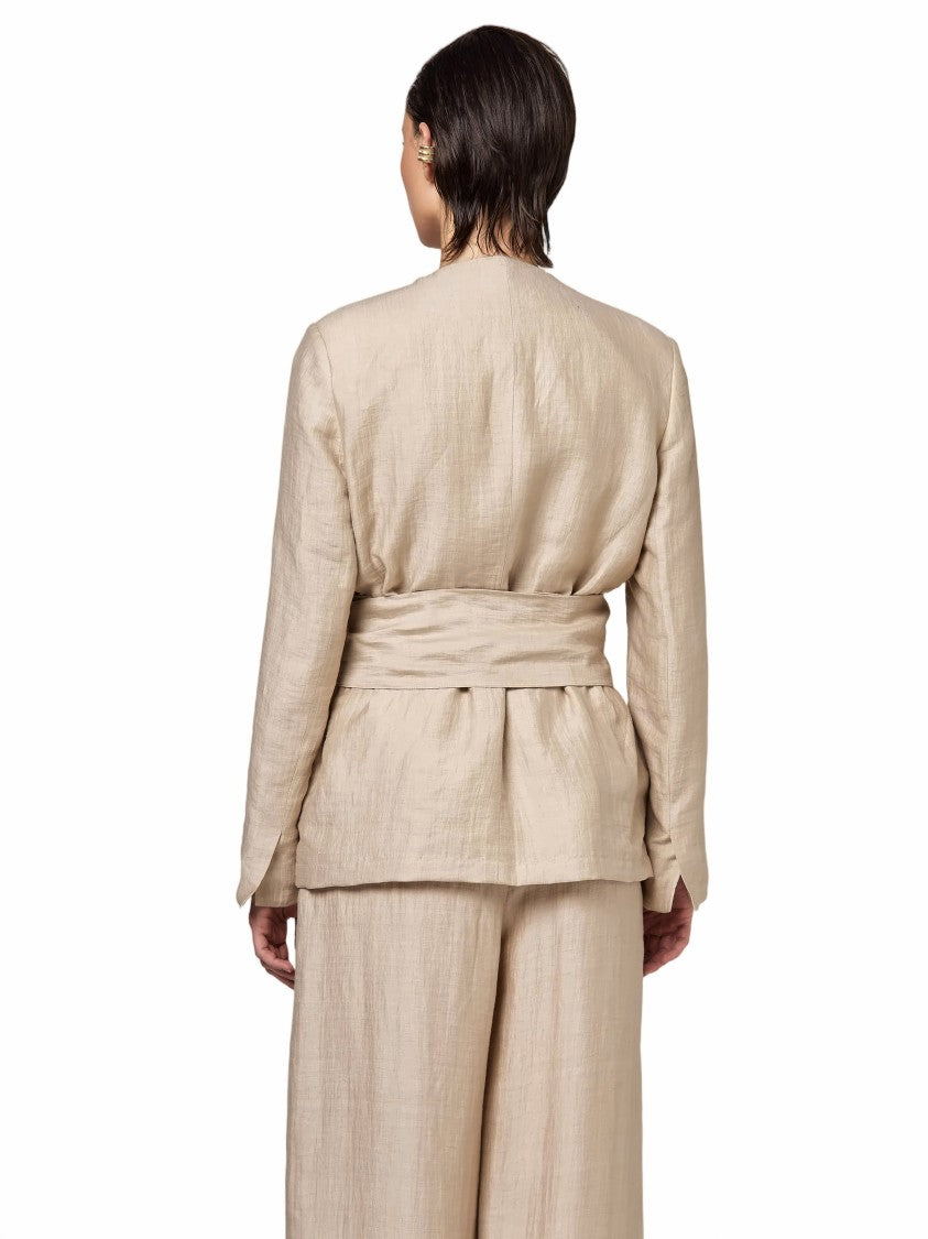 Alpha Studio Linen V-Neck Belted Single-Breasted Blazer