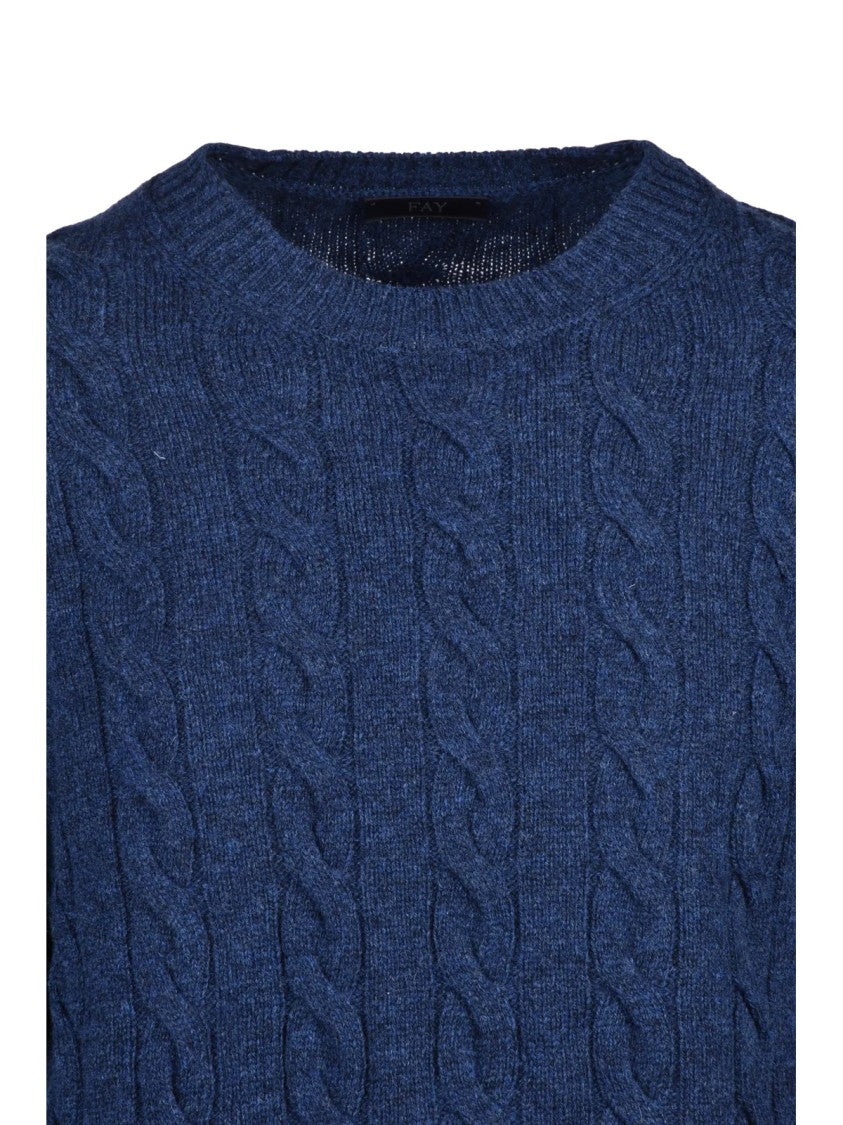 Fay Blue Cable-Knit Virgin Wool Crewneck Sweater
