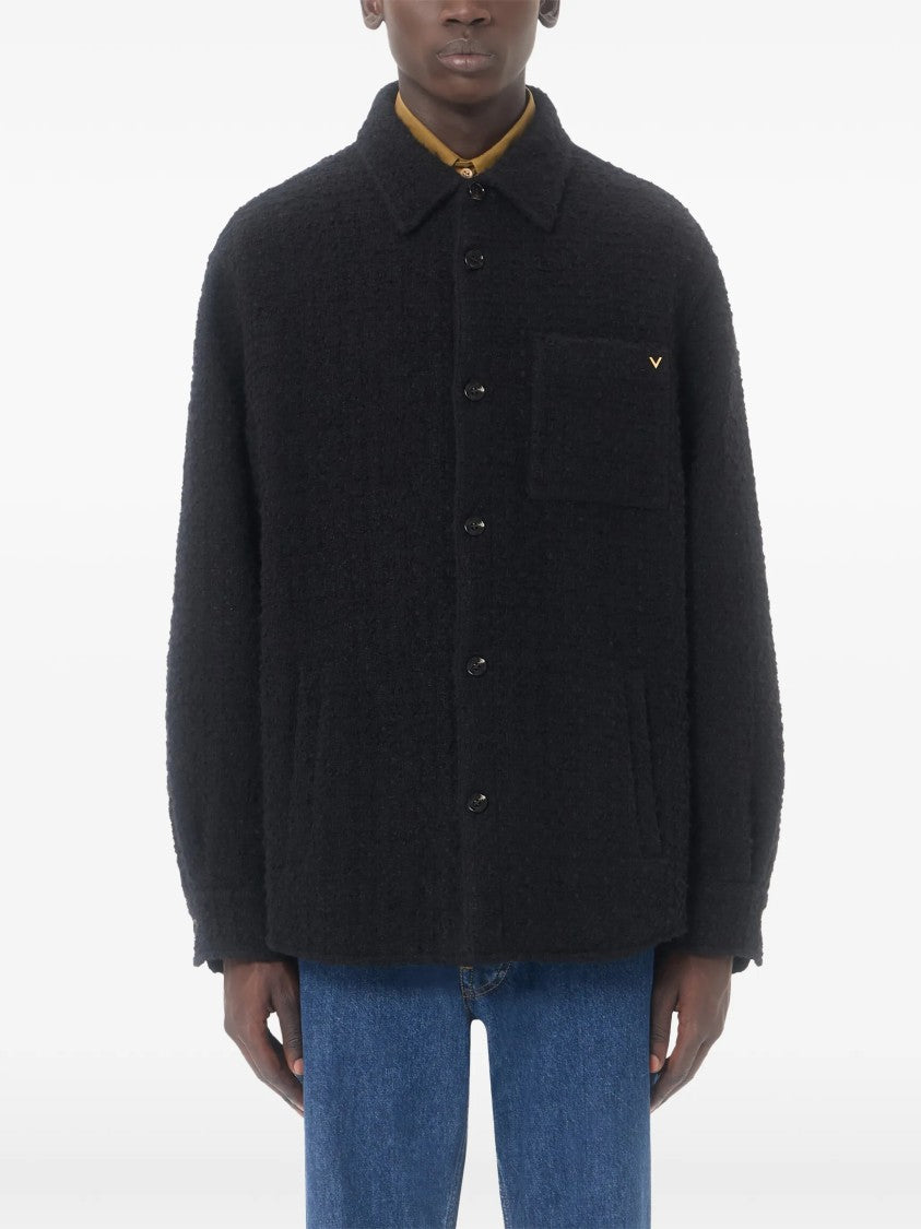 Valentino Textured Black Button-Up Jacket With Classic Collar And Subtle Logo