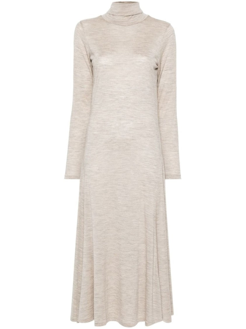 Polo Ralph Lauren Beige Midi Dress With Long Sleeves And Subtle Turtleneck