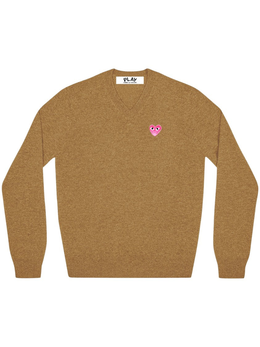 Comme Des Garçons Heart Emblem V-Neck Wool Sweater