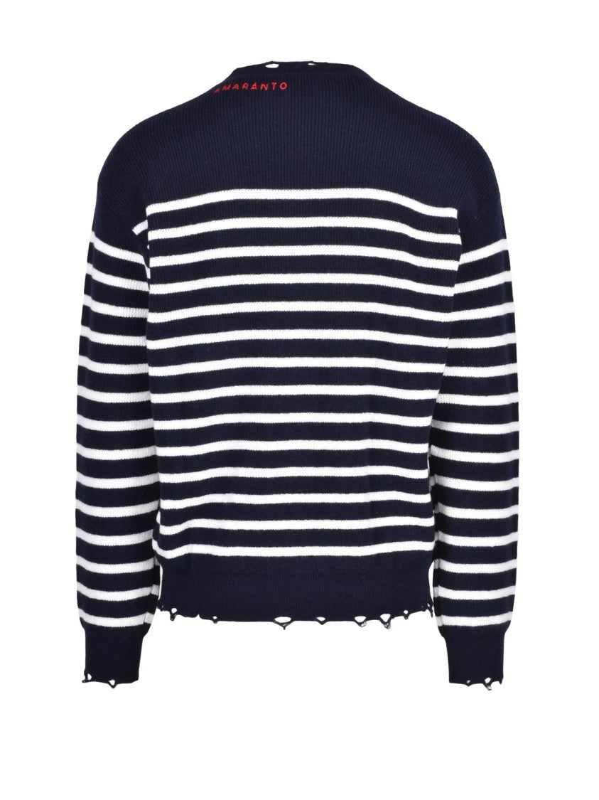 Amaranto Blue/White Distressed Striped Wool Sweater