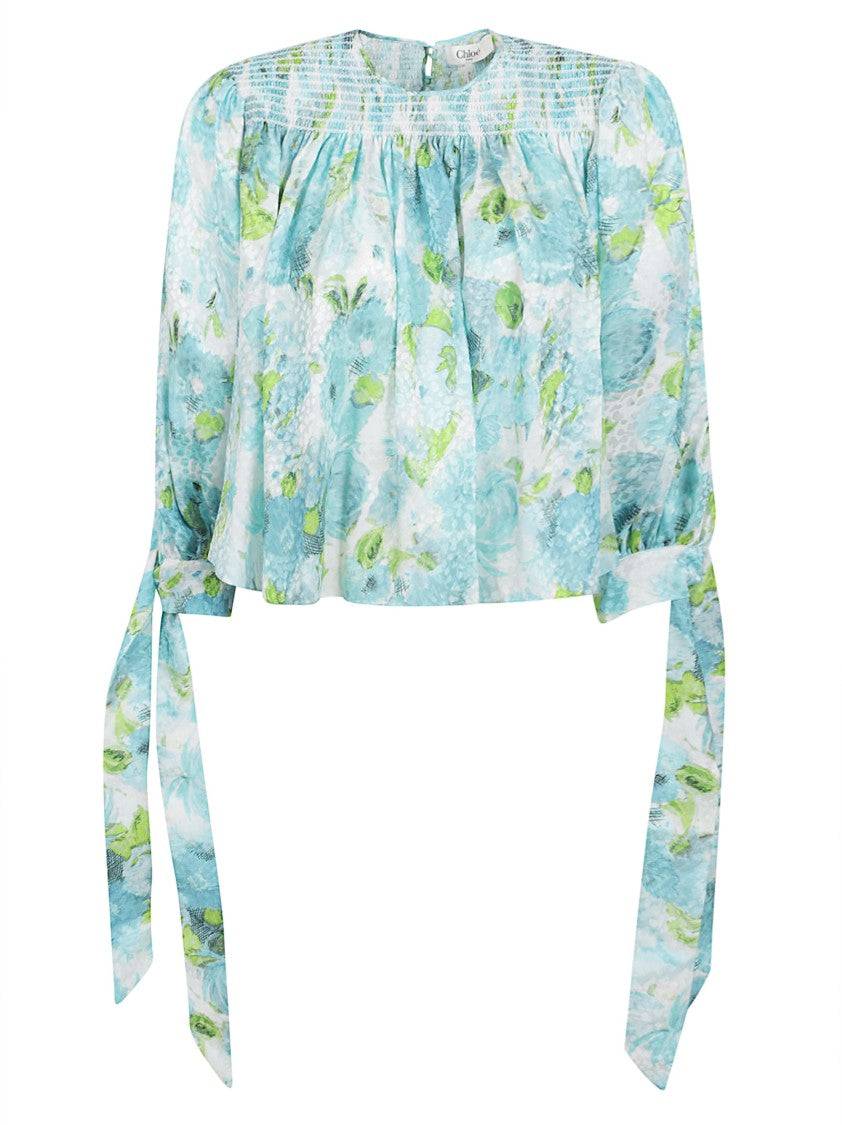 Chloé Aquatic Floral Print Cropped Silk Blouse