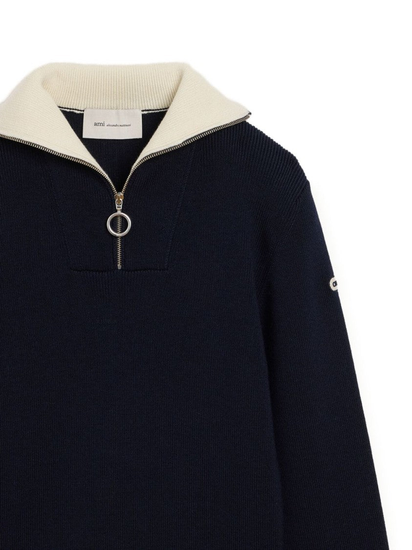 Ami Paris Navy Blue Ribbed Knit Sweater With Color-Block Design