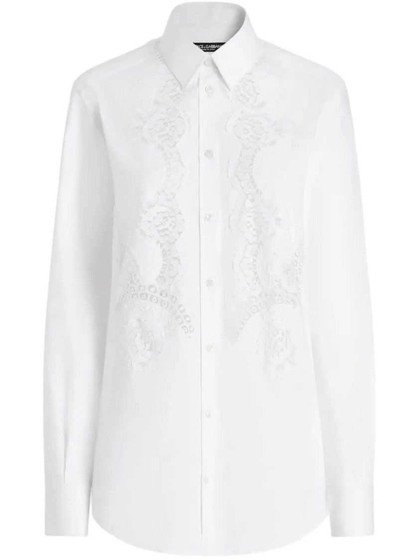 Dolce & Gabbana Lace-Embellished Cotton Blend Shirt With Classic Collar