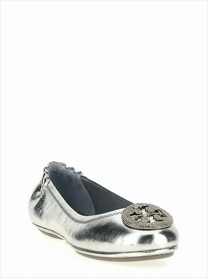Tory Burch Metallic Leather Flat Shoes With Textured Emblem