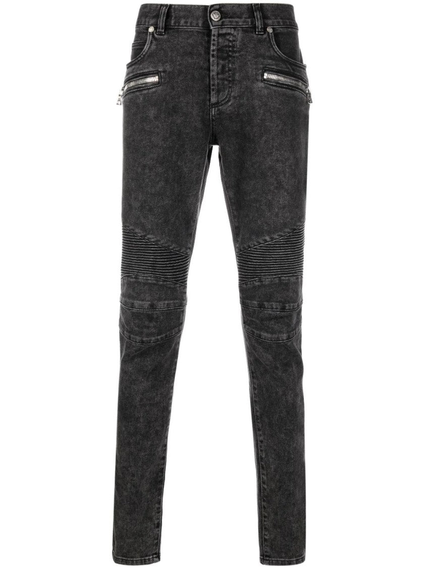 Balmain Skinny Black Jeans With Ribbed Detailing And Zippered Pockets